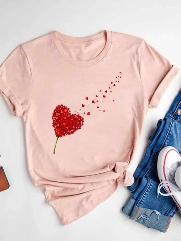 Women\'s Watercolor Love Heart Print T-Shirt Short Sleeve Tee Basic Clothing Summer Top Graphic Clothes Sweet Fashion