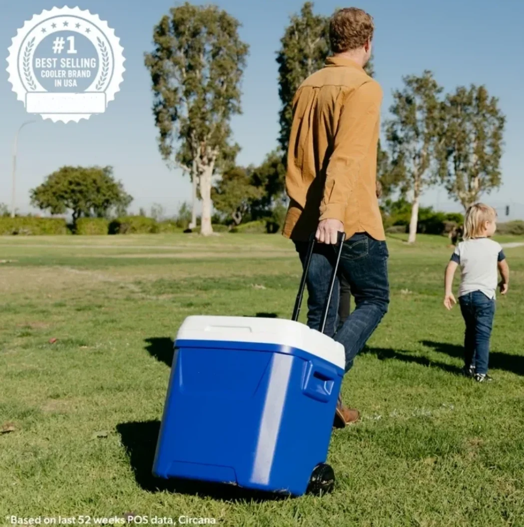 60 QT Blue Laguna Wheeled Hard Sided Ice Chest Cooler Long Lasting Ice Retention Large Capacity Portable Rolling Cool Box With Pull Handle And Wheels Stain Resistant Interior Perfect For Camping Fishing Beach Picnic Outdoor BBQ Travel Food Drinks Storage view 2