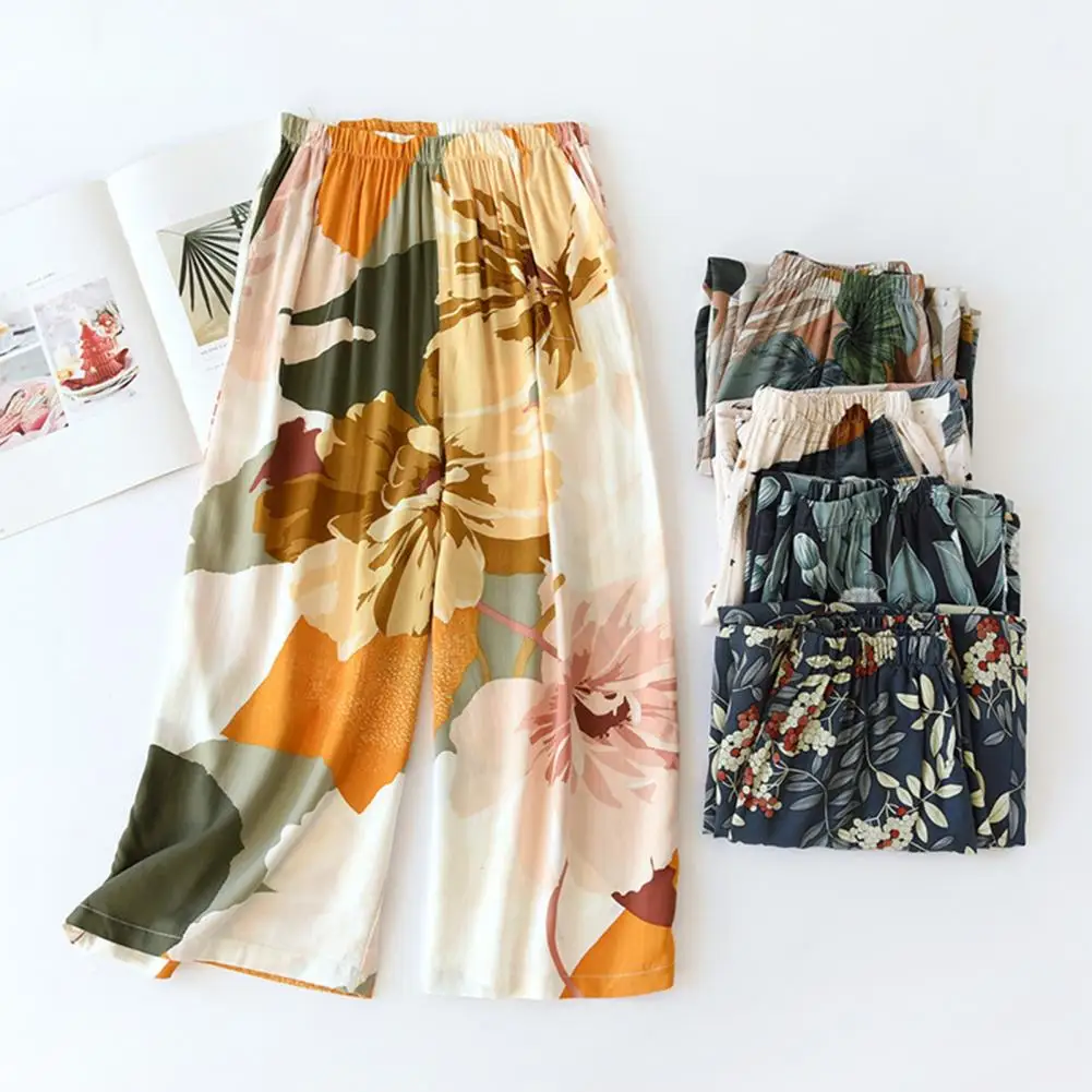 

Summer Pants Floral Print Women Home Pants Wide Leg Elastic Waist Casual Sleeping Bottoms Lounge Wear Beach Outfits Pyjamas