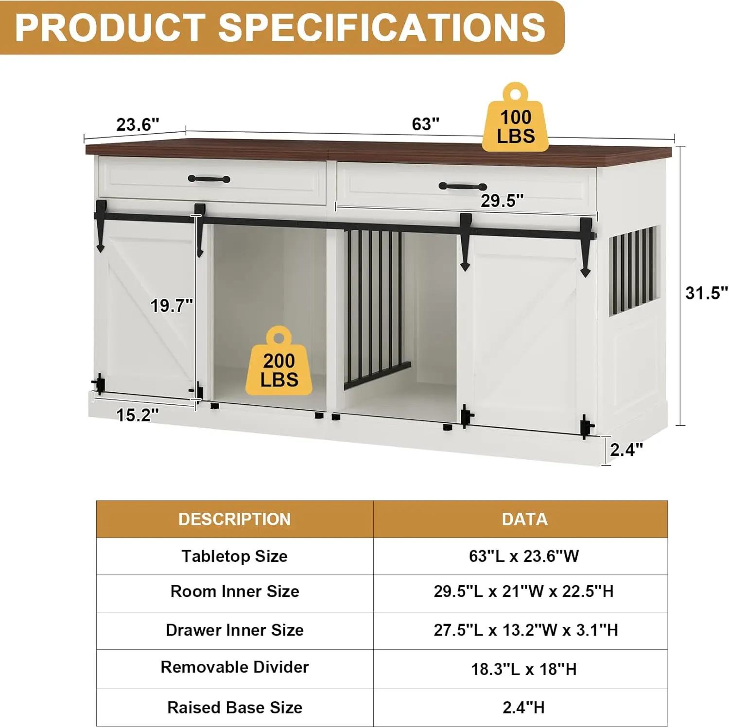 أثاث صندوق الكلاب - أثاث بيت الكلب الخشبي الداخلي للكلاب مع باب الحظيرة المنزلق ومقسم قابل للإزالة، شديد التحمل