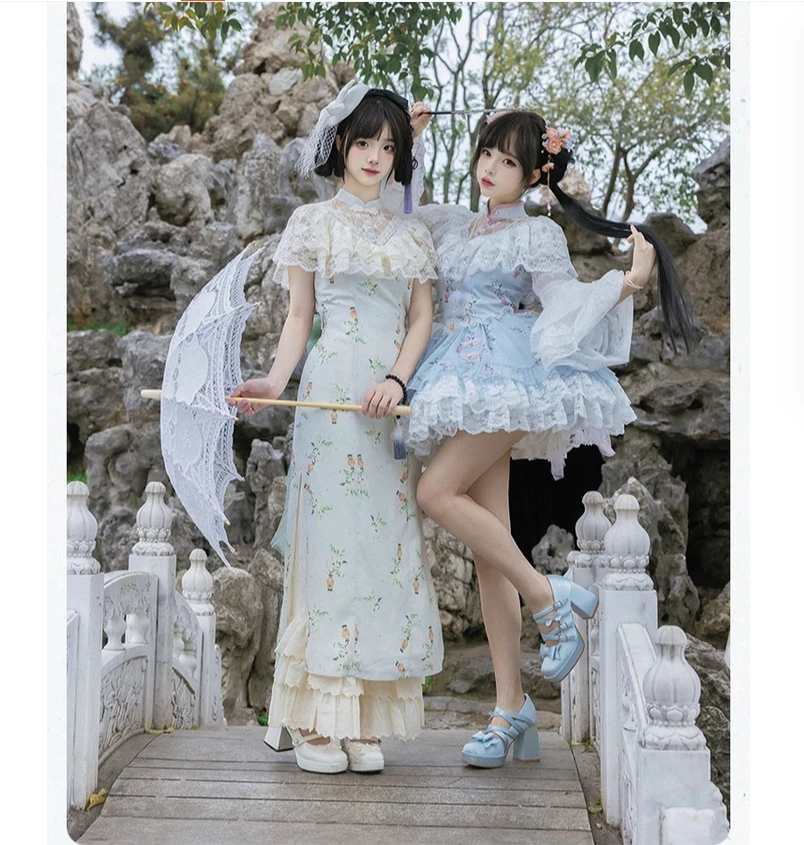 Origineel ontwerp voor meisjes met Chinese stijl bedrukte verbeterde lange cheongsam OP cheongsam broek dubbele stijl jurk