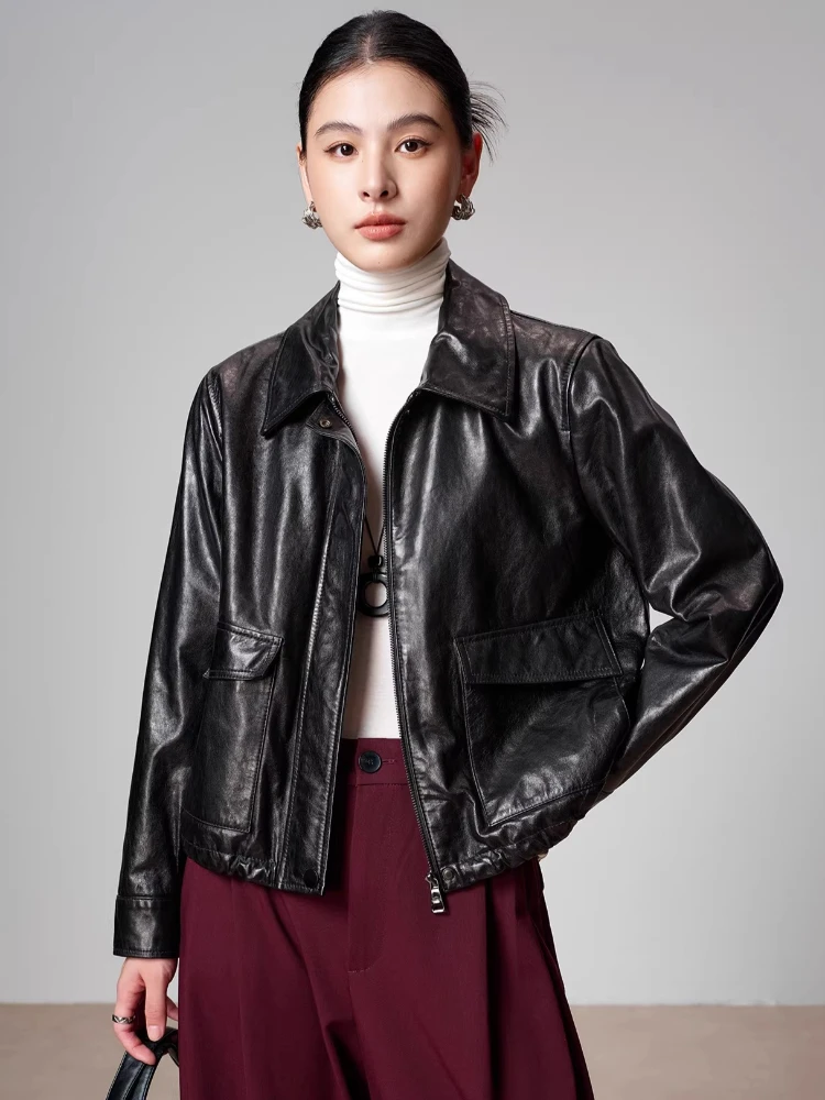 

Casual Short Genuine Leather Jacket for Women Simple Vintage Loose Solid Oil Wax Real Sheepskin Coat chaquetas de mujer de cuero