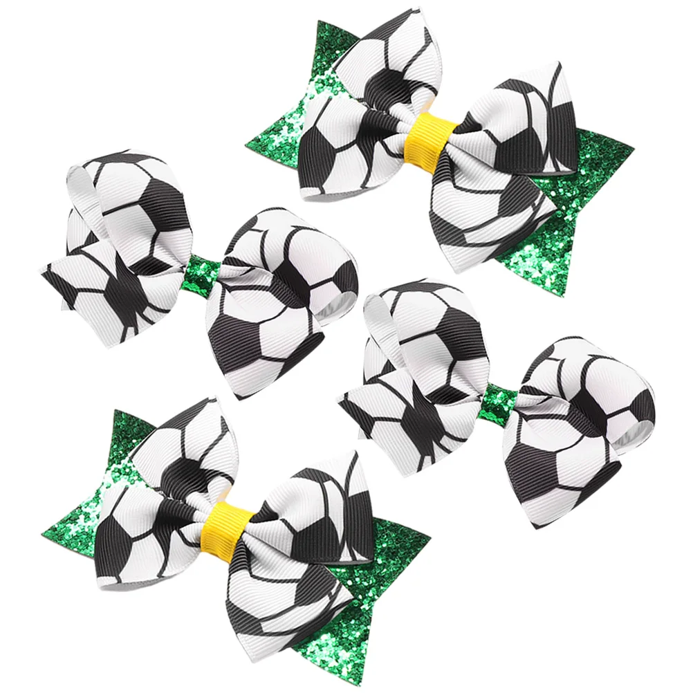4 Pcs Hairpin Clip Bows Soccer Cheerleader Barrette Clips Women Bow Barrette Clips Sports Cloth Ribbon Hair Accessories