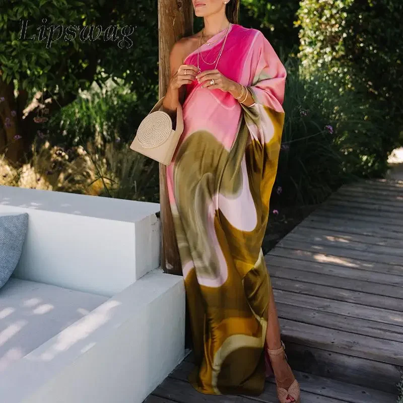 

Fashion Pattern Printed Folds Club Party Dress Summer Wrap Pleated Evening Dress Ladies Sexy Diagonal Collar Loose Robe Dress