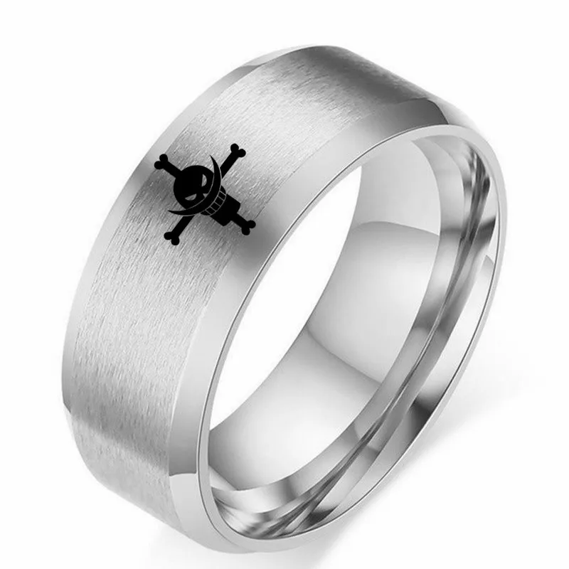 Aroutty 8mm Black One White Beard Rings Piece Anime Stainless Steel Ring For Women Men Rings Amime Fans Jewelry Accessories