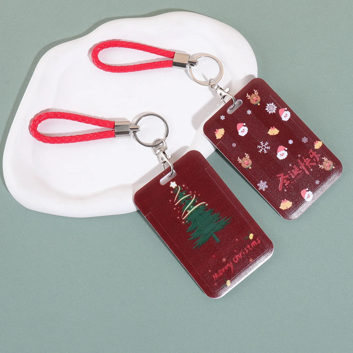 Tarjeteros navideños con diferentes estampados, cuerda de cuero portátil, tarjeta de identificación, nota de almacenamiento de tarjetas de visita, 1 ud.