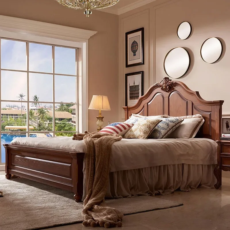 American retro style solid wood bed, high-end villa double leather soft bag bed
