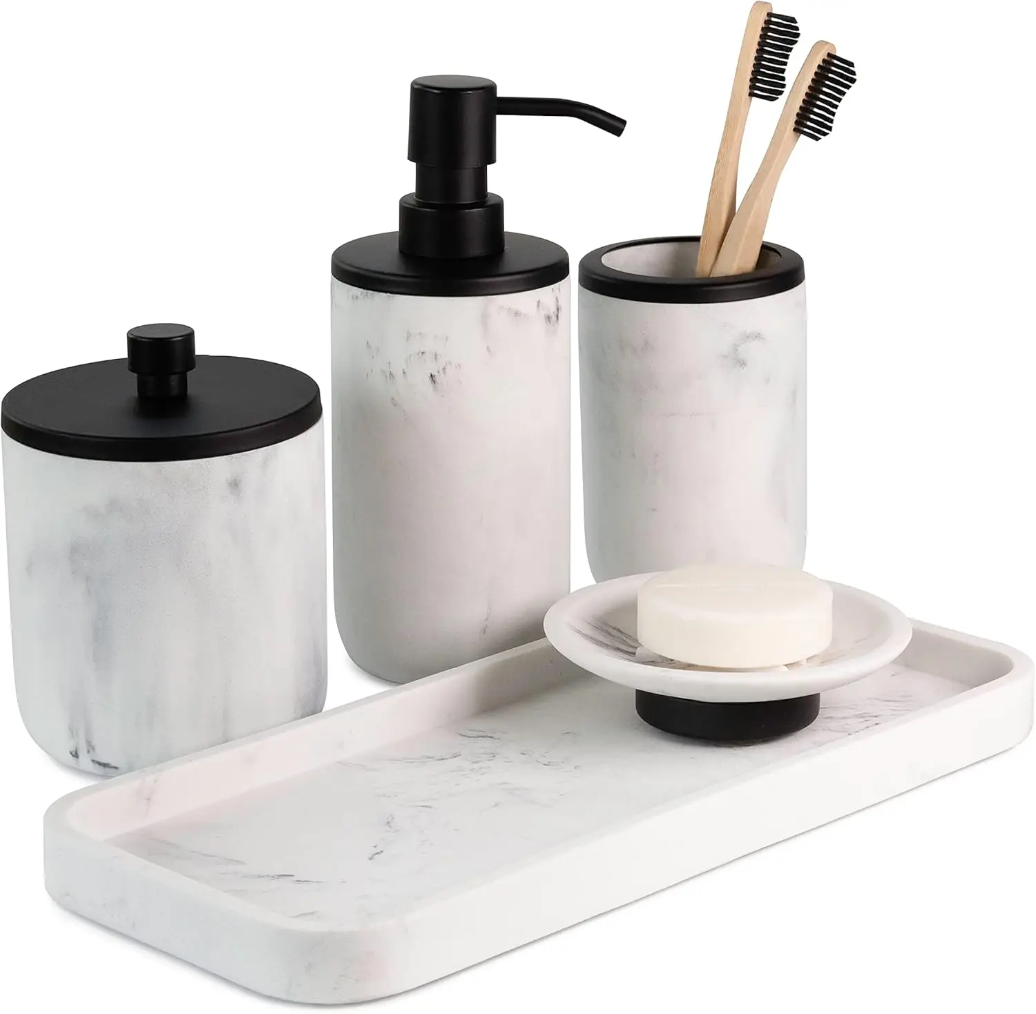 

Modern Black Bathroom Set: Toothbrush Holder & Soap Dispenser, Marble Matte Decor