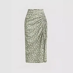 2024 Summer European and American New High Waist Small Chrysanthemum Printed Drawstring Vent Sheath Skirt for Women