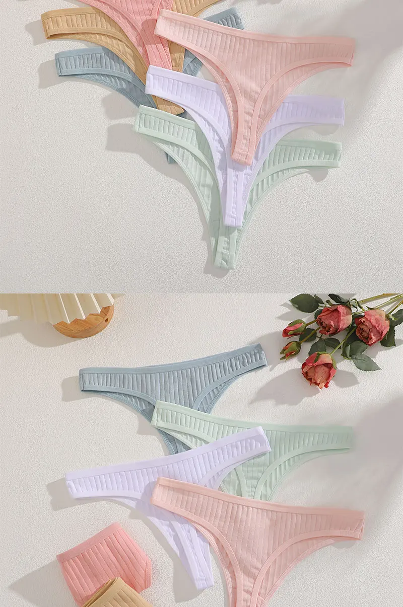 FINETOO 6er-Set Damen gerippte Baumwoll-Tangas, niedrige Taille, atmungsaktive G-String-Unterwäsche, sexy T-Back-Dessous für Frauen – Detail 13