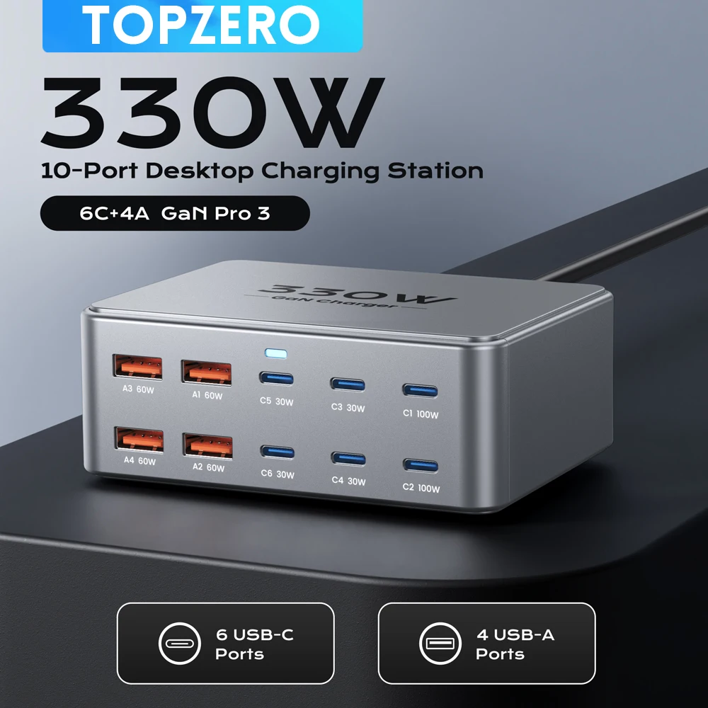 Ładowarka USB C GaN 330 W 100 W PD3.0 PPS QC3.0 Wieloportowa stacja szybkiego ładowania do laptopa iPhone 15 16 Samsung Macbook Pro Tablet