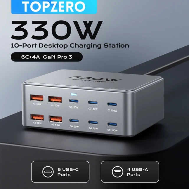 Ładowarka USB C GaN 330 W 100 W PD3.0 PPS QC3.0 Wieloportowa stacja szybkiego ładowania do laptopa iPhone 15 16 Samsung Macbook Pro Tablet