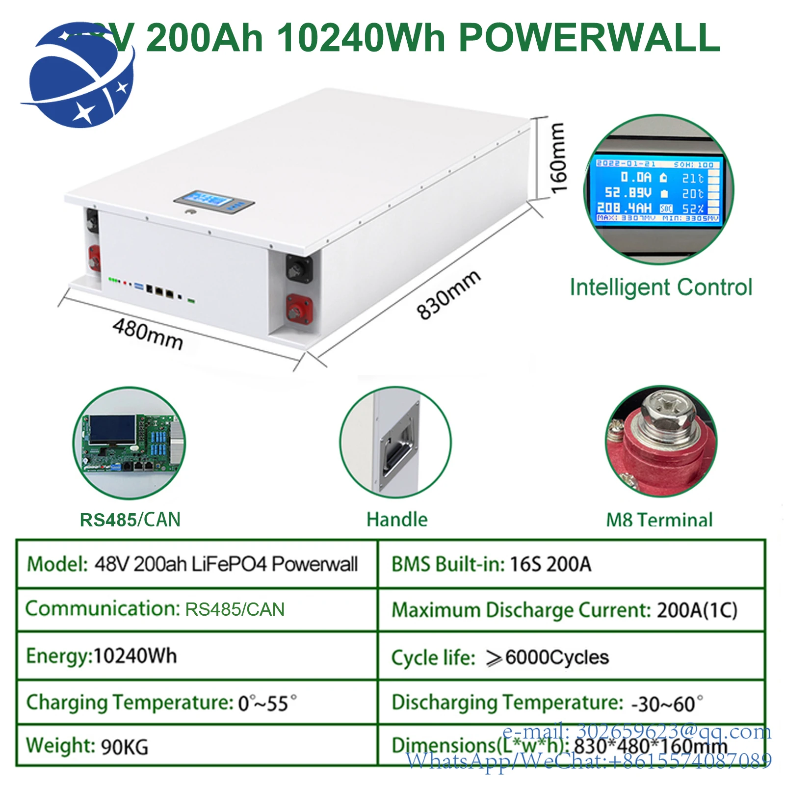 yyhc 6000 Cycles Powerwall DE 10Kw Energy Storage Battery LiFePO4 Solar Home   48V 200Ah 10Kwh 