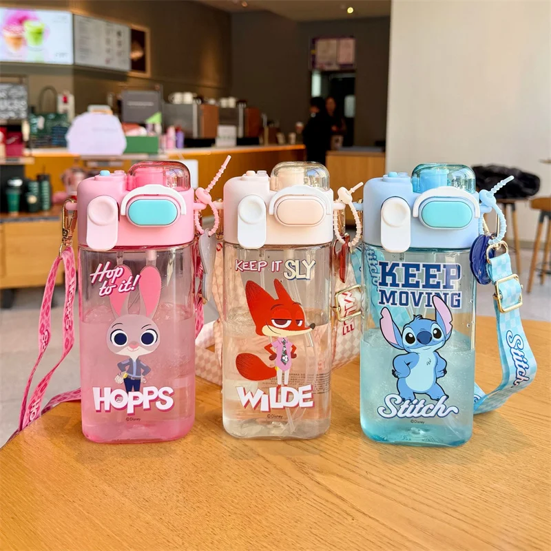 X&W Spray Water Bottle 570ML Cartoon Judy Nick Square Double Drinking Cup Summer Portable Outdoor Sports Straw Cup Cold drink