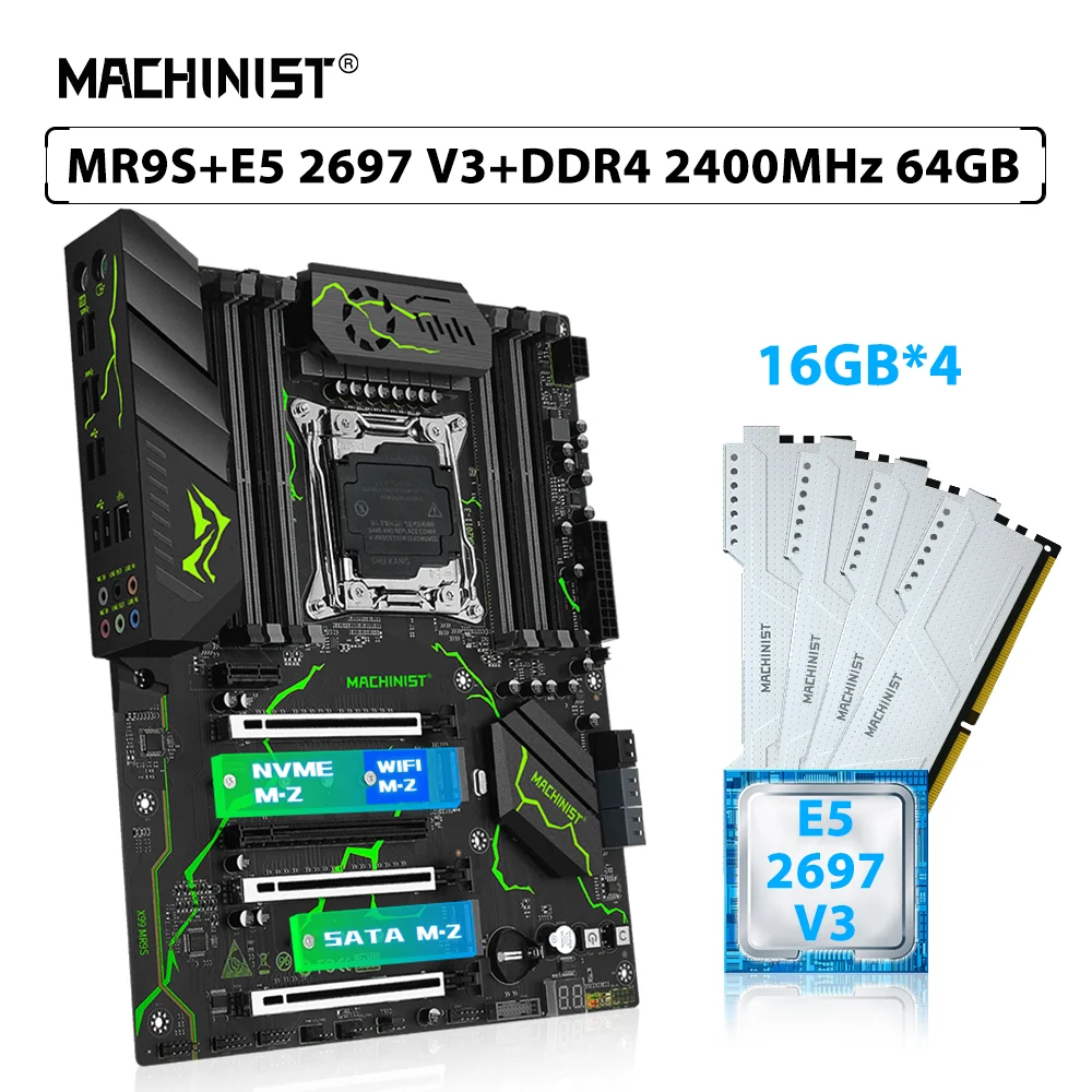 

MACHINIST X99 MR9S комплект материнской платы LGA 2011-3 Xeon E5 2697 V3 процессор 64 ГБ (4*16 Гб) 2400 МГц ECC DDR4 Память ОЗУ SSD M.2