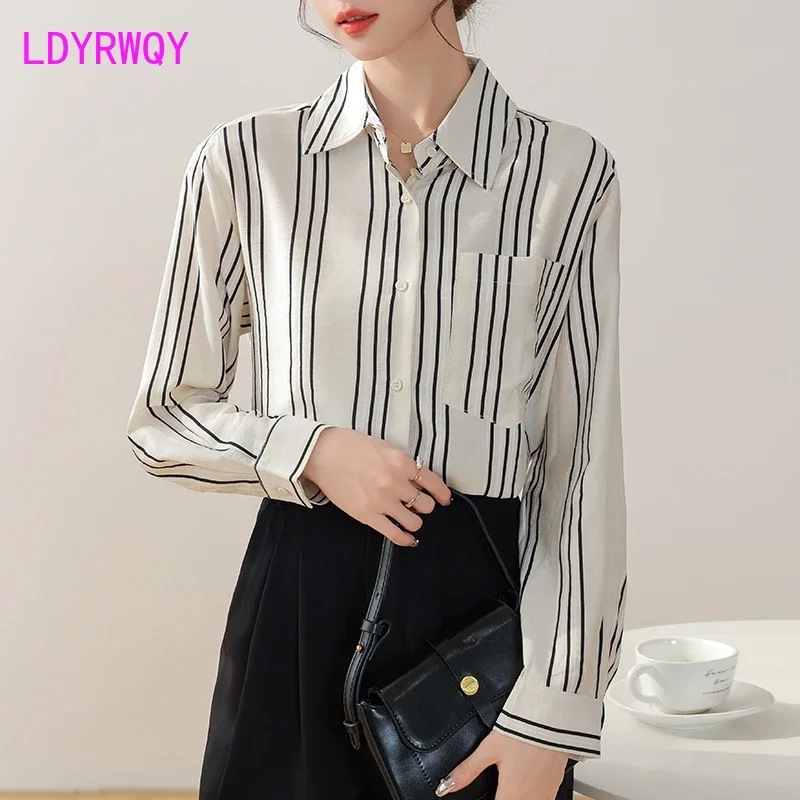 2024 Autumn New Commuter Vertical Striped Shirt with Feminine Style Chiffon Loose Bottom Button