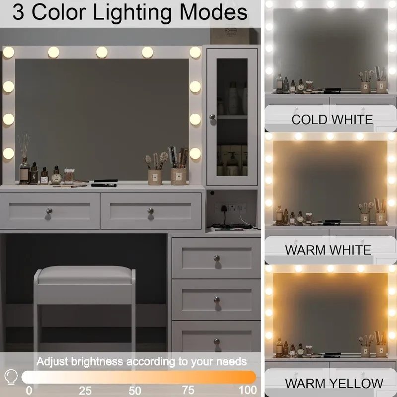 43" W Vanity Desk with Mirror & 11 Lights, 5 Drawer Modern Makeup Desk with Glass top & Cushioned Stool, 3 Lighting Modes Bright