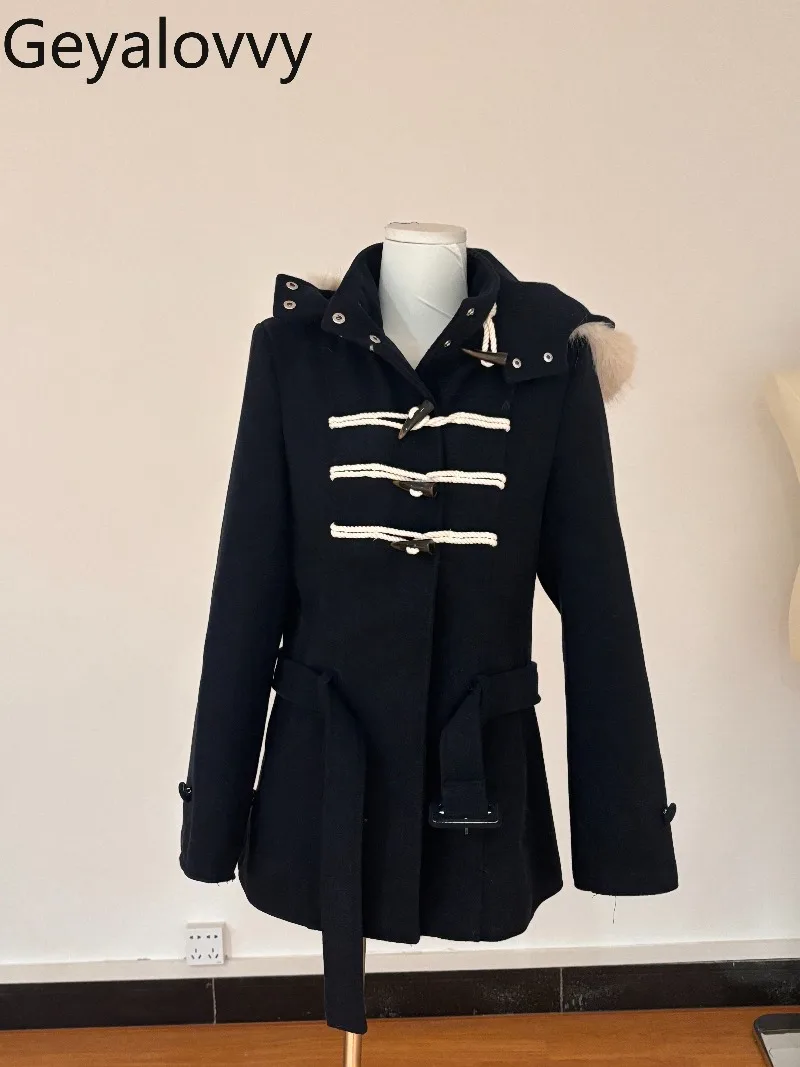 

Japanese Style Horn Button Woolen Design Hooded Overcoat Winter Sweet Girls Versatile Long Sleeve Slim Fit Short Coat