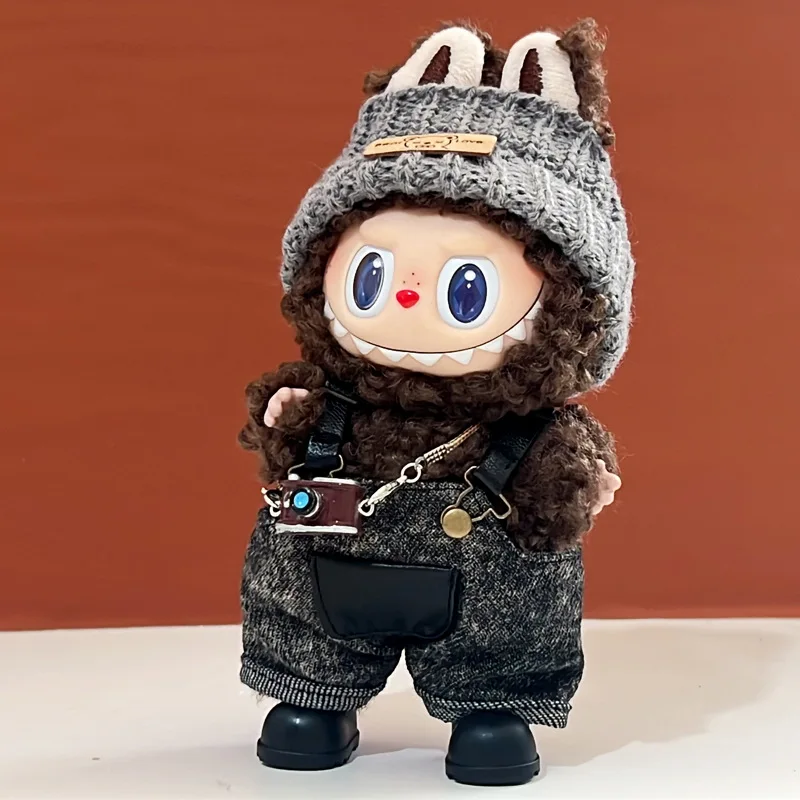 

Clothes For Labubu 15 Cm 17 Cm Dolls 1st To 3rd Generation Ink Black Workwear Overalls With Knitted Bear Logo Hat Set