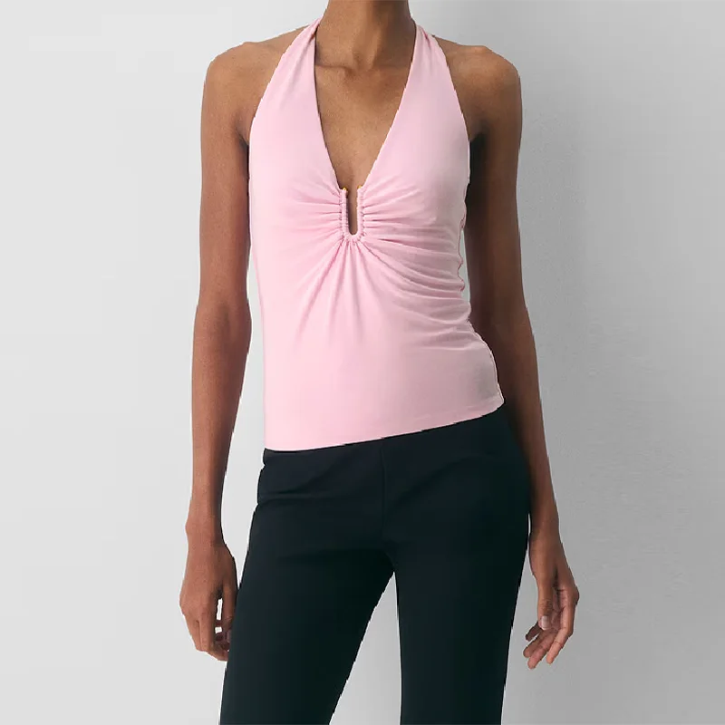 

Стильный однотонный топ-халтер для женщин, без рукавов, с драпировкой и вырезом-капюшоном, повседневный летний топ-камизоль, летняя женская уличная одежда 2026