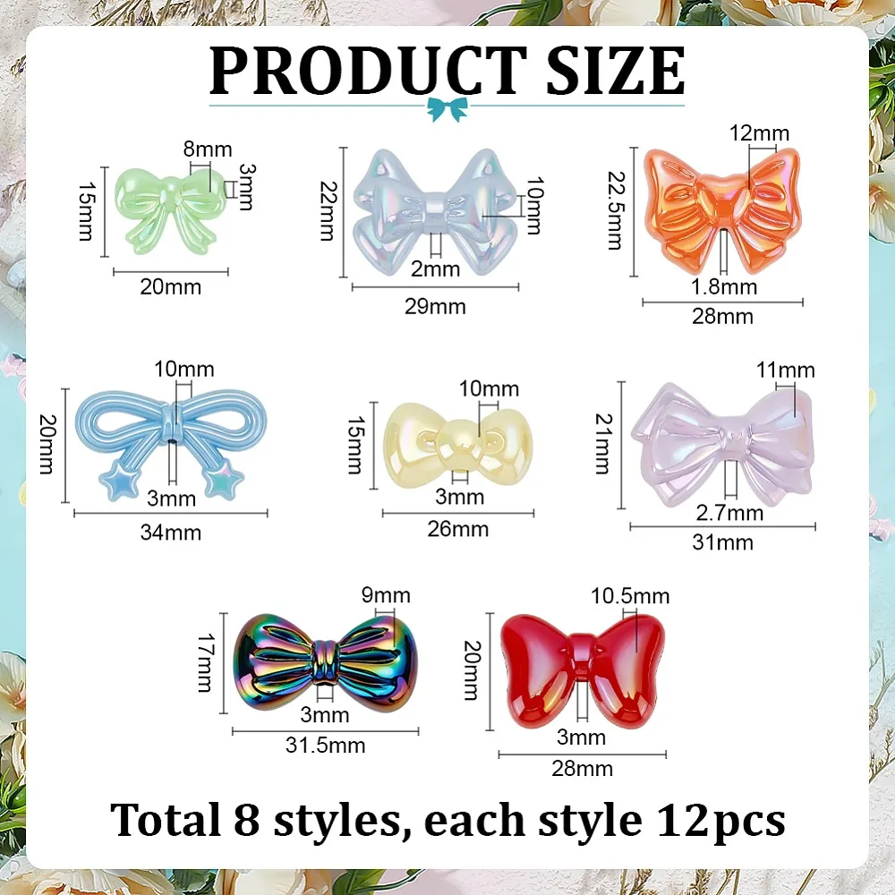

96Pcs 8 Styles Opaque Acrylic Beads Bowknot Mixed Color 15~22.5x20~31.5x8~12mm Hole: 1.8~3mm 12pcs/style