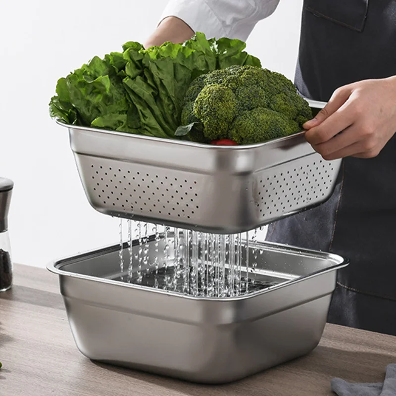 Stainless Steel Vegetable Fruit Drain Storage Tray Thicken Square Serving Salad Mixing Bowl Home Kitchen Filter Plates Container