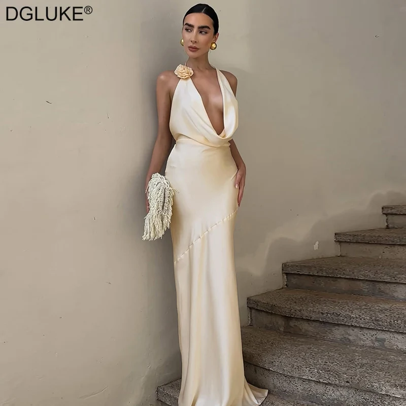 

DGLUKE Halter Cowl Neck Satin Long Dress Woman Sexy Backless Draped Maxi Dress Elegant Luxury Evening Gown Dress