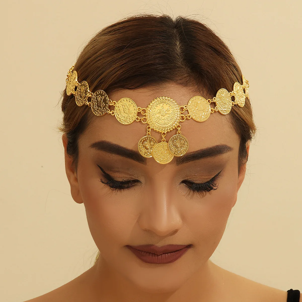 Tocado de novia árabe, moda de Color dorado, aleación de Metal, moneda, borla, cadena para la cabeza, joyería, diadema, accesorios de boda para mujer