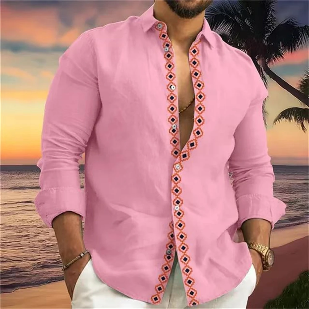 Printed solid color men's shirt fashion casual street holiday long sleeve roll-down button shirt XS-6XL