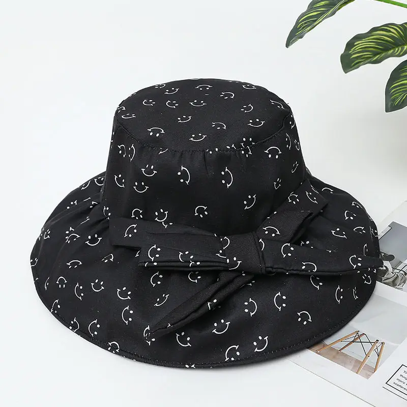 Fisherman Hat Female Smiley Bow Strap Sunscreen Big Brim Cap Hip Hop Foldable Cotton Flat Top Fashion Breathable Chapeau