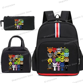 Estudantes dos desenhos animados mochila 3 pçs conjunto sprunki jogo padrão multi-função primária mochila lápis saco crianças isolado almoço sacos