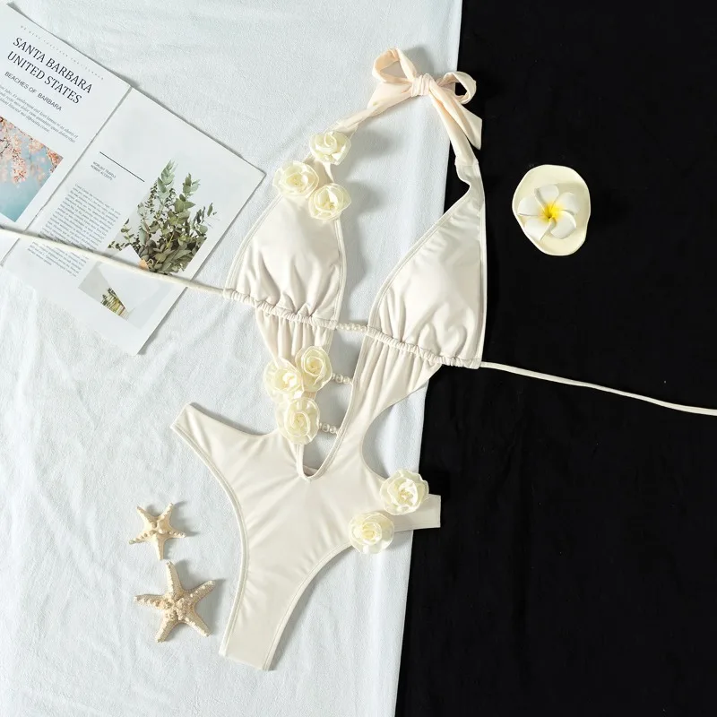 Sexy 3D Blumen Tiefem V-ausschnitt Halter Frauen Bademode Badeanzug Weibliche High Cut Bein Monokini Badende Badeanzug Schwimmen 2025