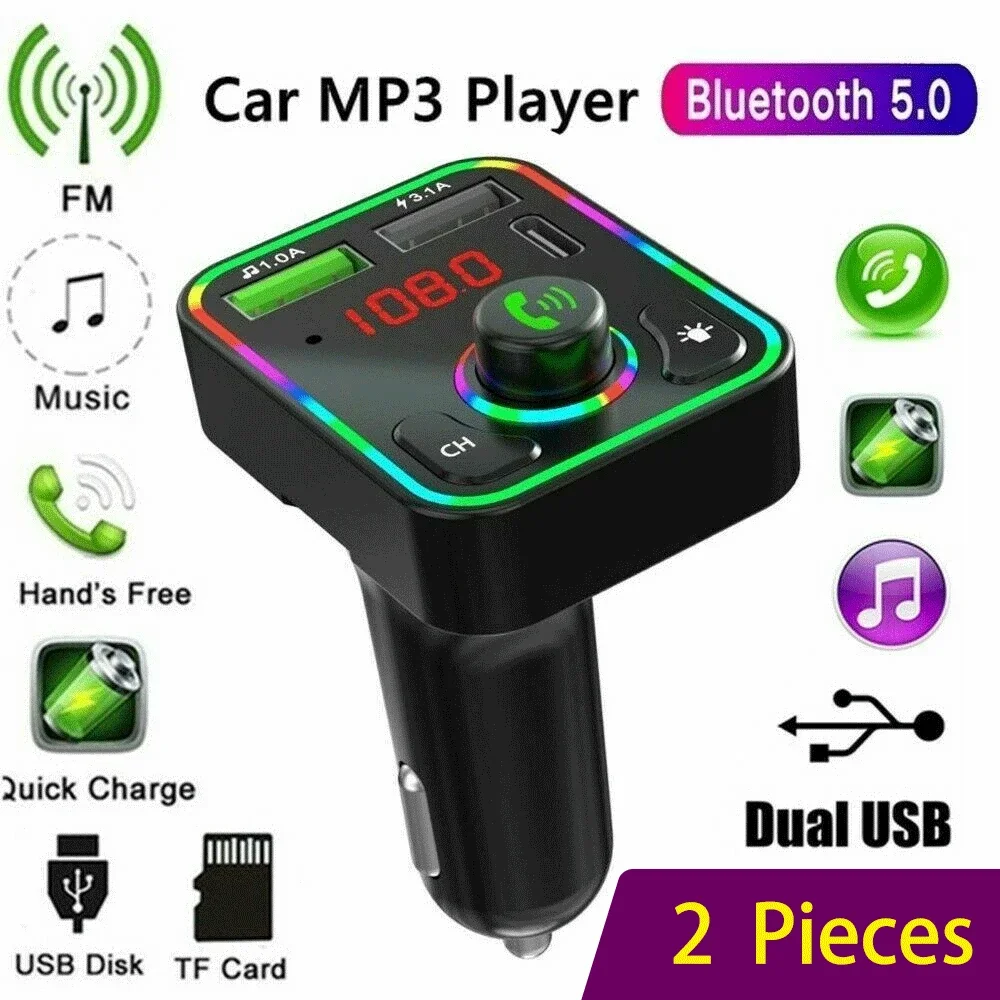 （2 Pack）Wireless Car Kit Car MP3 Player  Bluetooth 5.0 Wireless Car FM Transmitter  Dual USB Charger Adapter Support TF Card U Disk Cell Phone Charger