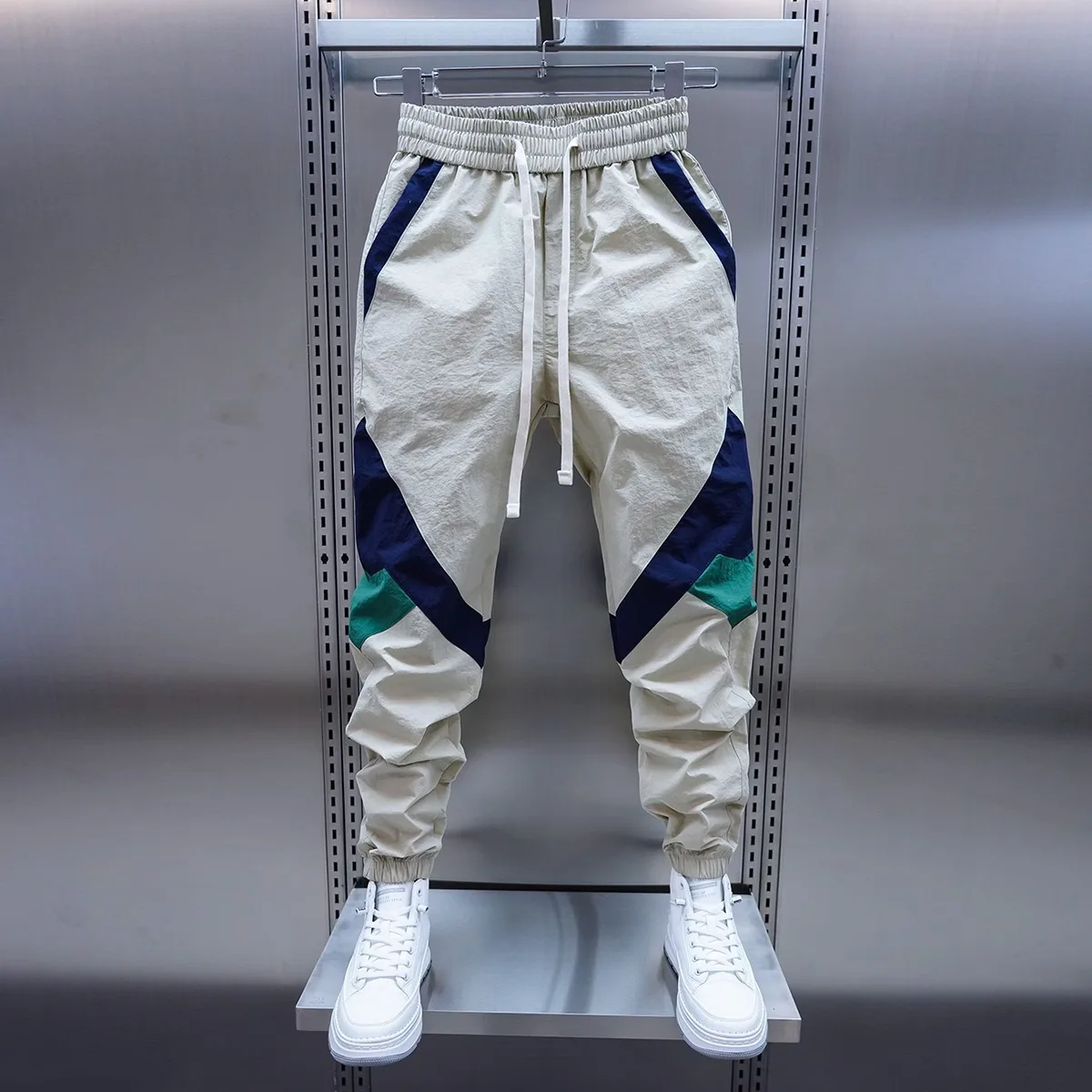 Trendy Color Block Casual Pants Men's Summer New Elastic Waist Harlan Straight Leg Pants Polyester Fiber Pure Color