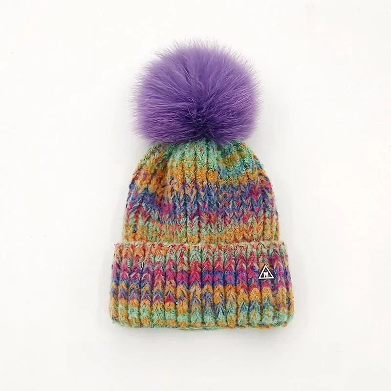 Women Stripes Knit Hat For Women Girls Sweet Thick Winter Hat Real Fox Fur Pompom Bonnet Warm Skullies Beanies Hat