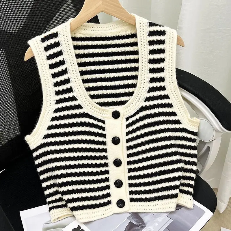 Striped Trim Contrast Color U- Neck Wool Sweater Vest Khaki Women's Autum Winter Tank Top Loose Vest