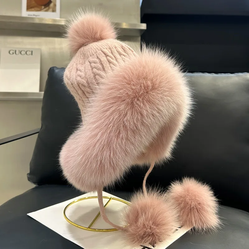 Echte vossenbontmuts Gehoorbescherming Bontmuts voor dames Winter Pluizige echte bontmutsen Outdoor Koudbestendige pet Luxe gebreide bontmutsen