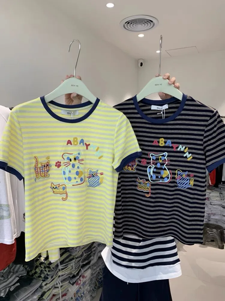 Verão listrado camisola de malha t feminino gatinho bordado manga curta o-pescoço topos malhas moda casual elegante chique jumpers