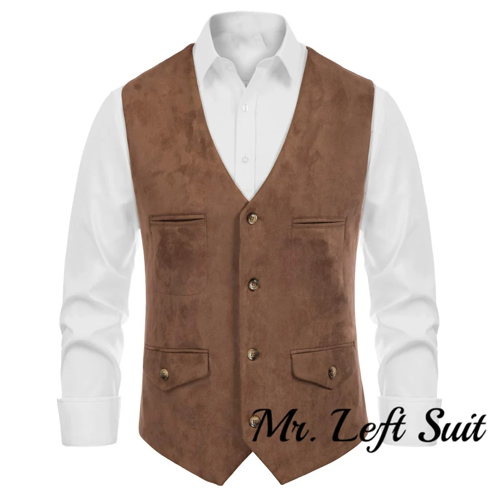 Men\'s Suede Leather Vest Casual V-Neck Single Breasted Slim Fit Western Cowboy Vest with Pockets Business Classic Vest Waistcoat