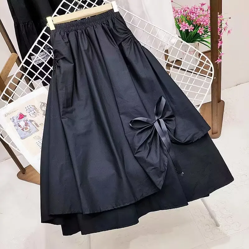 2023 New Japanese Solid Color Bowknot Vintage French Ruffled A-line Skirt Hepburn Style Black Half Skirt Female Long Skirts