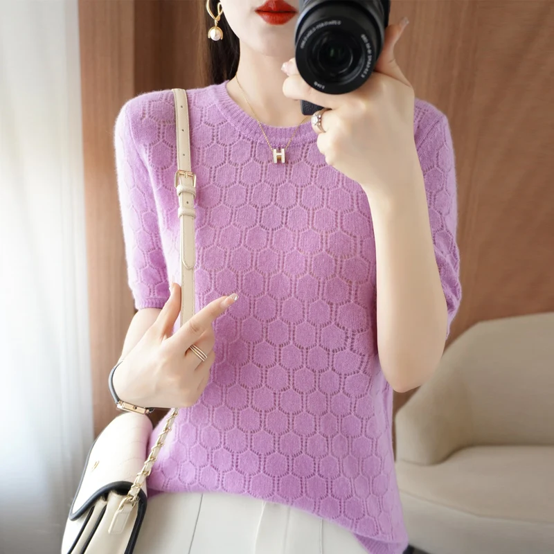 Spring and autumn thin hollow 100% pure wool women's knitted five-point sleeve round neck loose fashion bottoming shirt