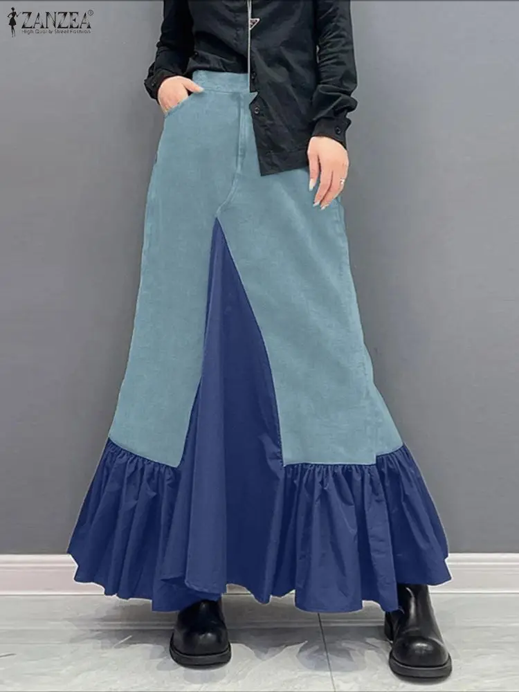 

ZANZEA Fashion Denim-Like Midi Skirts Women Contrast-Color Patchwork Ruffled Hem A-Line Swing Skirt Designer Streetwear S-3XL