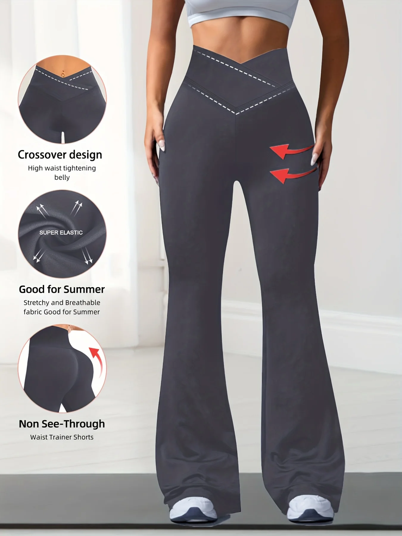 여성용 패셔너블한 요가 팬츠, 봄 얇은 디자인, 크로스 웨이스트 디자인, 하이 웨이스트 탄력성, 퓨어 그레이, 캐주얼에 적합