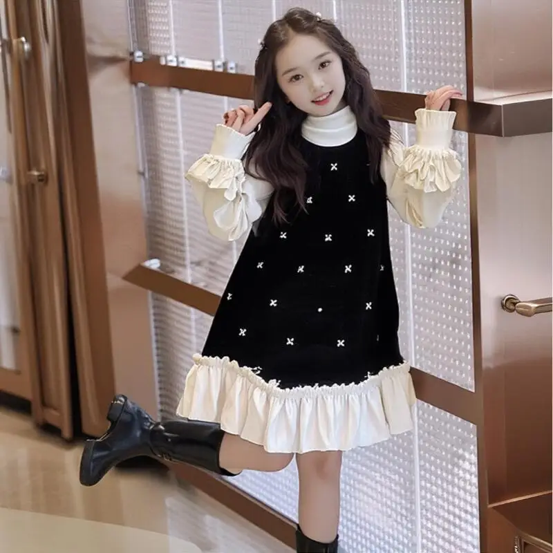 

Сарафан для девочек, 2 шт., новый стиль, весна-осень, бархатная модная детская нижняя рубашка, платье принцессы, модный костюм с цветной юбкой, хит продаж