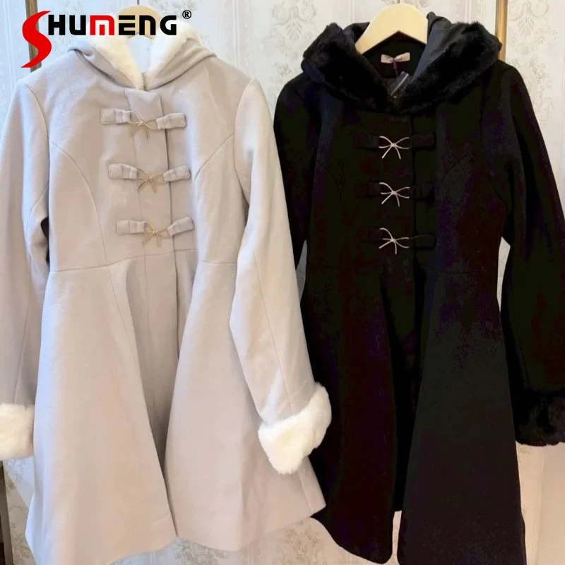 Japanese Lolita Sweet Fluffy Dress Hooded Warm Outerwear Jacket 4 Colors Single-Breasted Slim Fit Long-sleeves Jaquetas Female