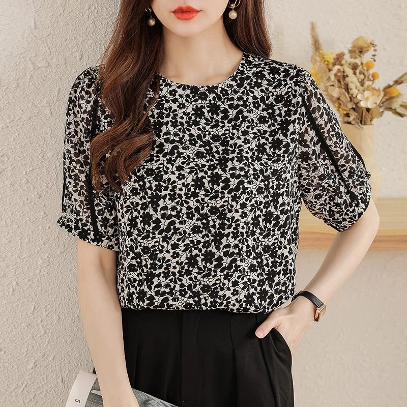 Women Clothing Fashion Print O-neck Short Sleeve Blouse Summer Korean Version Chic All-match Loose Shirts Office Lady Pullovers