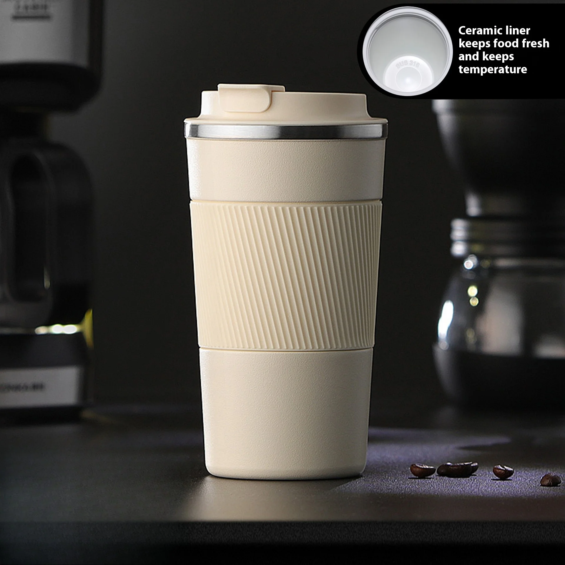 

316 Stainless Steel Ceramic Insulated Travel Mug with Handle – Leakproof, Heat-Resistant, Car Cup Holder Friendly – Premium