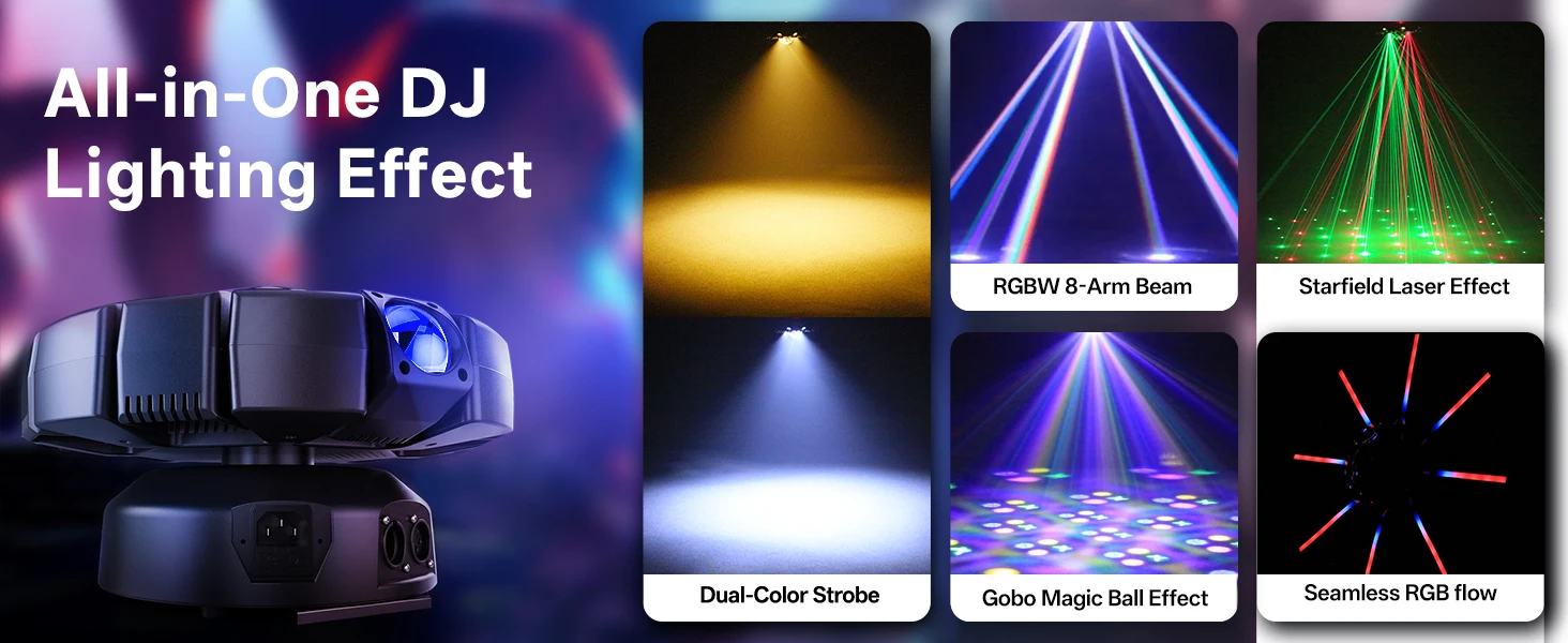U'King 150W RGBW 8-Armed Moving Head Light Auto Speed Magic Ball Stage Light DMX512 DJ Light For Wedding Party KTV Home Theater
