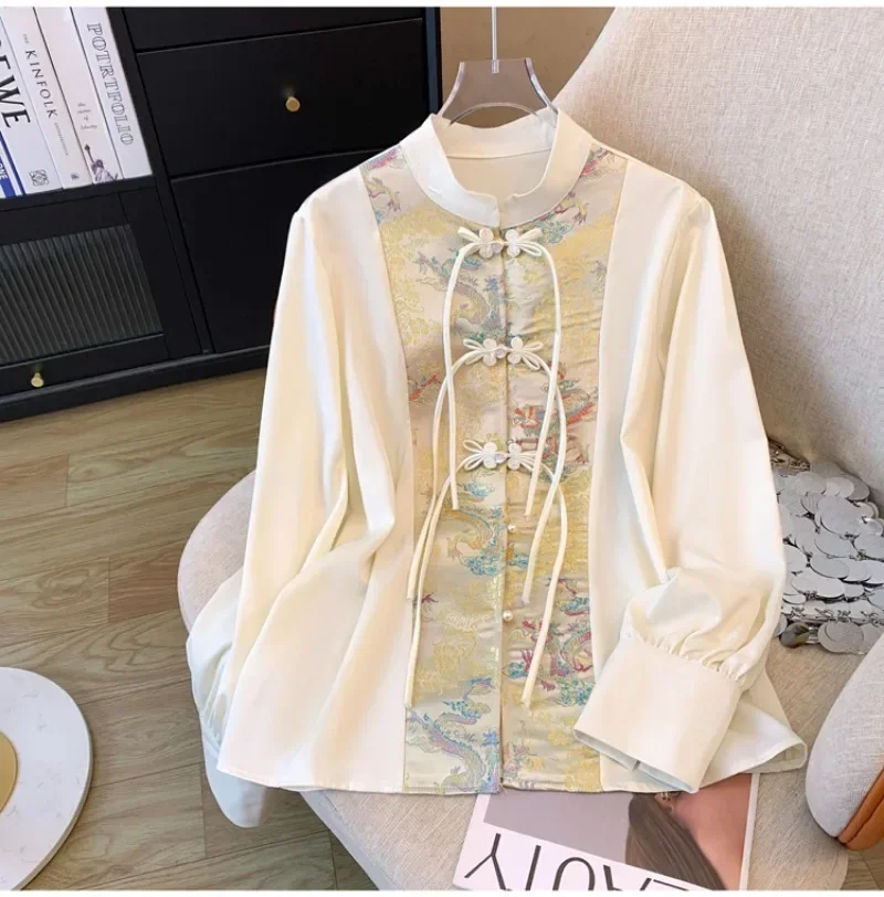 Satin Chinese Style Women\'s Shirt Loose Print Blouses Fashion Spliced Clothing Long Sleeves Spring/Summer Women Tops 2024 Korean