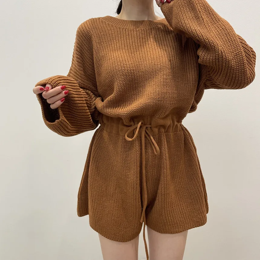 

Knitted Woman Jumpsuits Long Sleeve Drawstring Waist Casual Playsuits Hollow Out Stretchy Rompers All-in-one Jumpsuit Overalls